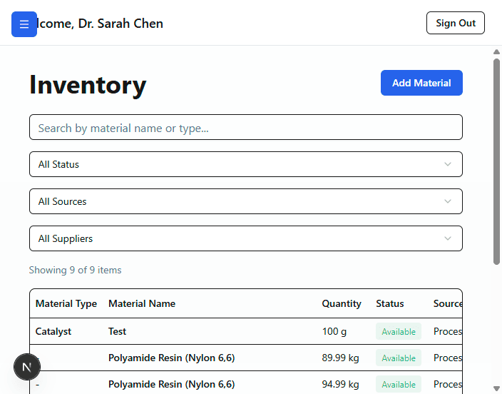 Inventory Management - Material tracking and batch management